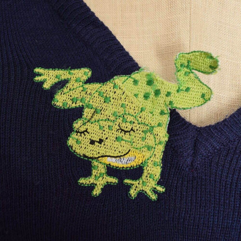 vintage 70s sweater navy embroidered FROGS Cyn Les Shirlee jumper top shirt M L - Picture 4 of 8